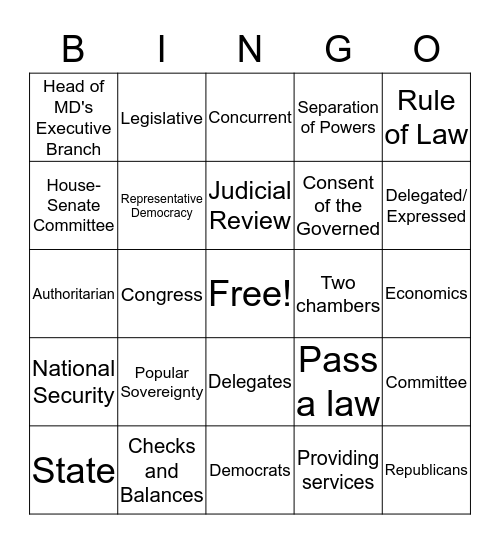 Review for Midterm (Unit 1, MD Gov, Bill to Law)  Bingo Card