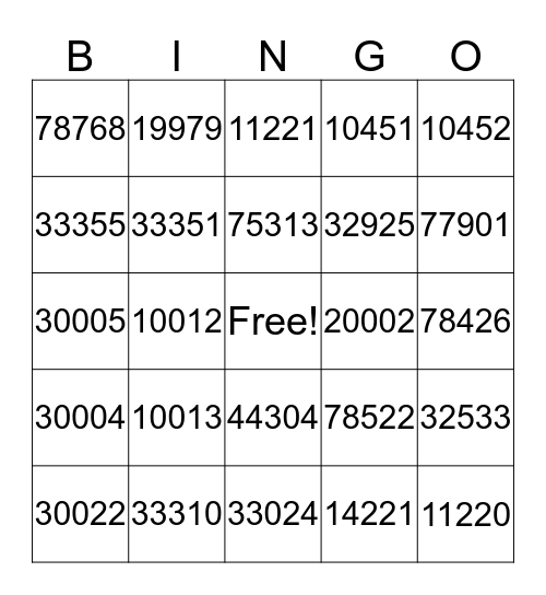 Zip Codes Bingo Card