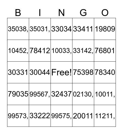 Zip Codes Bingo Card