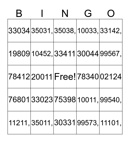 Zip Codes Bingo Card