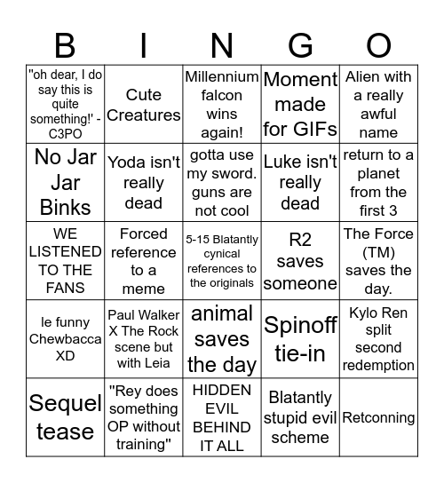 STaR wARs Bingo Card