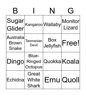 Australia Animals Bingo Card