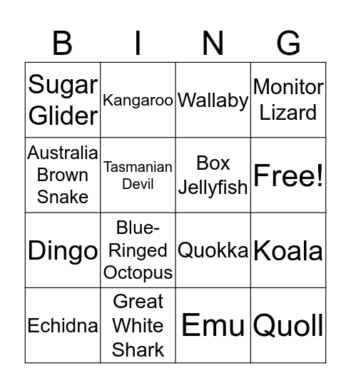 Australia Animals Bingo Card