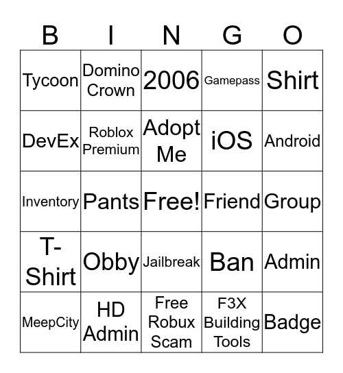 Roblox Bingo Card - roblox admin tools