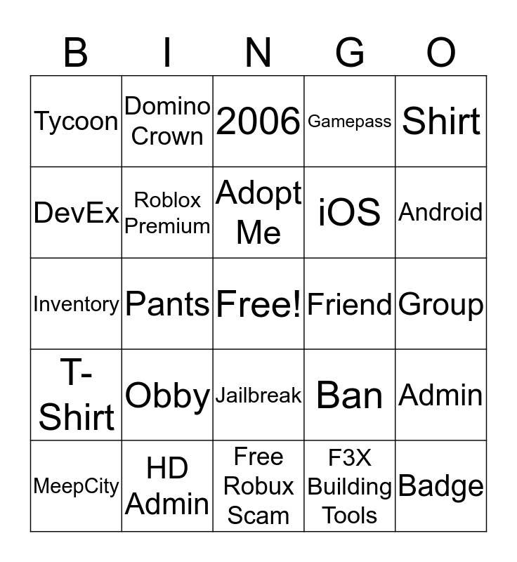 Roblox Bingo Card - roblox devex page