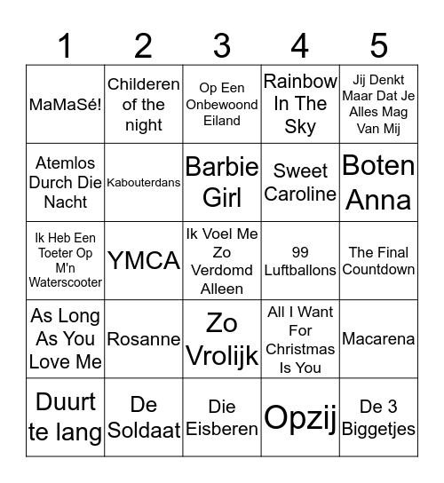 Muziekbingo Nederlandse Hits Bingo Card