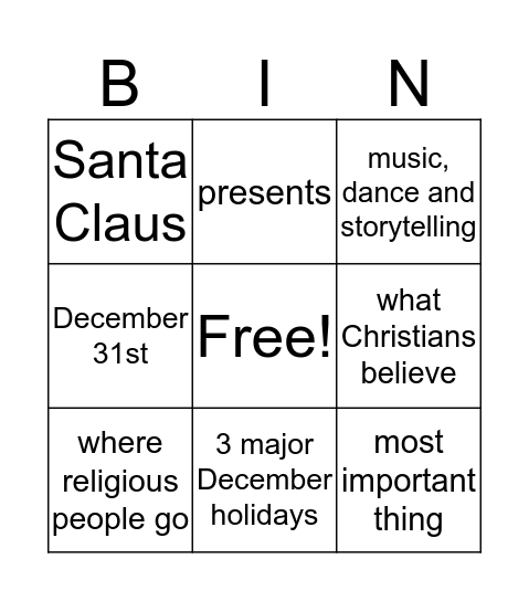 December Holidays in the U.S.A. Bingo Card