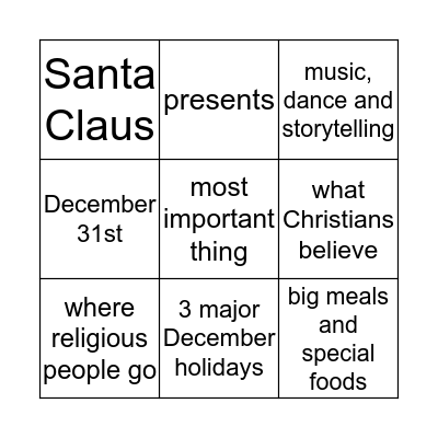 December Holidays in the U.S.A. Bingo Card