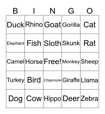 ANIMAL BINGO Card