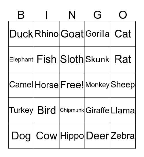 ANIMAL BINGO Card
