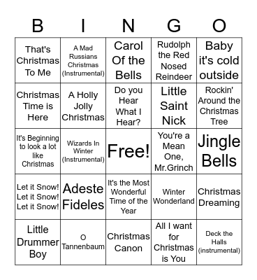 Christmas Song Bingo Card