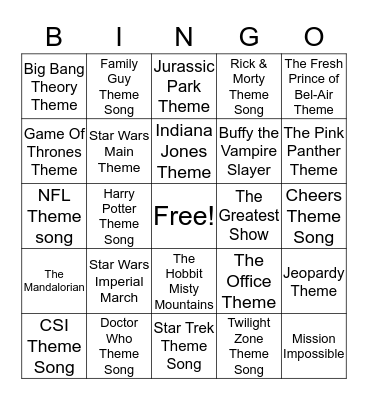 Movies/TV Theme Bingo Card