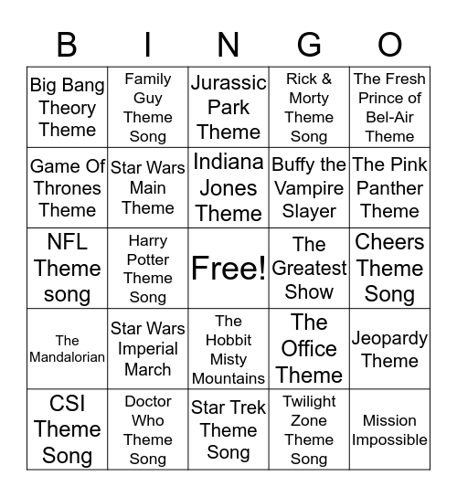 Movies/TV Theme Bingo Card