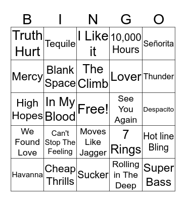 Pop Hits  Bingo Card