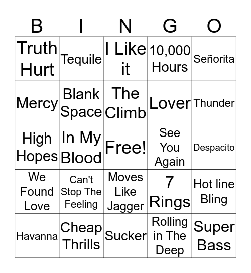 Pop Hits  Bingo Card