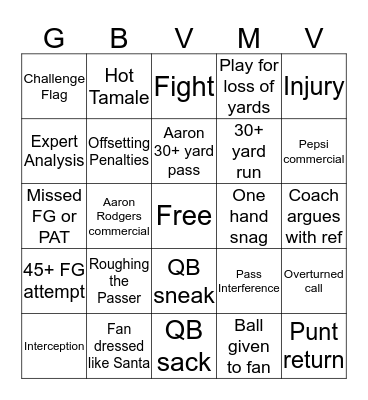 Monday Night Football Bingo Card