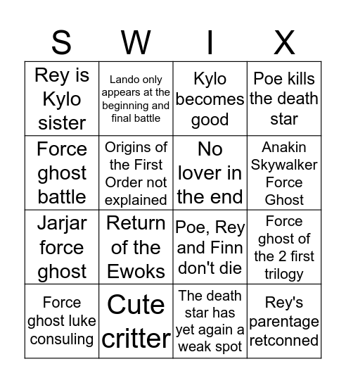 Rise of Skywalker Prediction Bingo Card