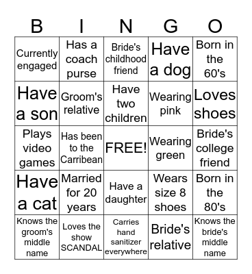 Twyla's Bridal Shower Bingo Card
