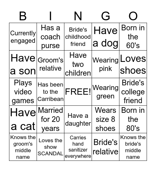 Twyla's Bridal Shower Bingo Card