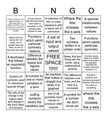 Algebra Bingo  Bingo Card