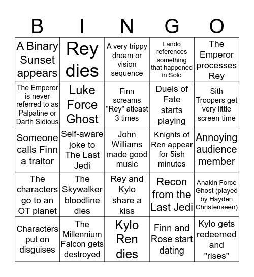 The Rise of Skywalker Bingo Sheet Bingo Card
