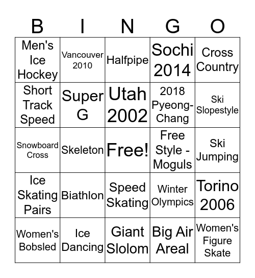 Winter Olympics Bingo Card