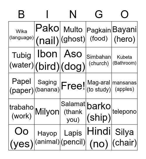 Tagalog Bingo Card