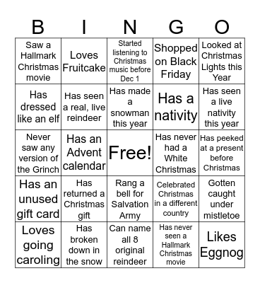 Christmas "Guess Who" Bingo Card