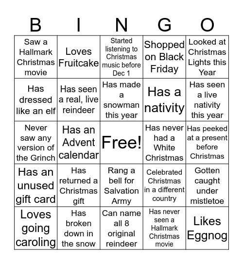 Christmas "Guess Who" Bingo Card