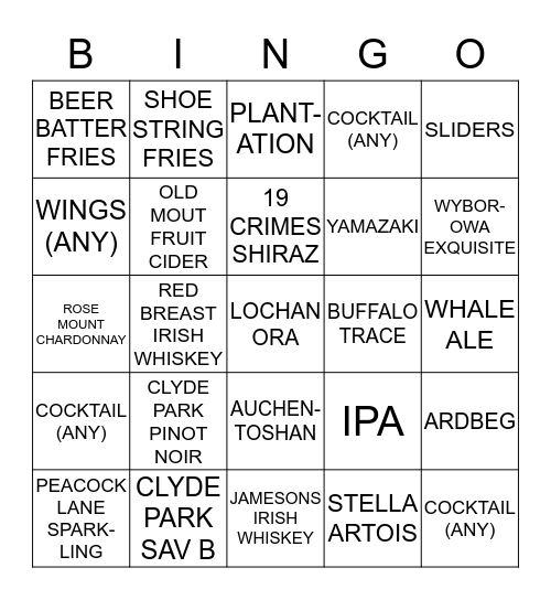 BAR BINGO NAME-___________________ Bingo Card