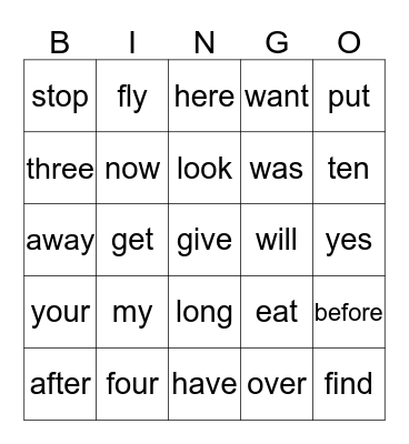 Sight words Bingo Card