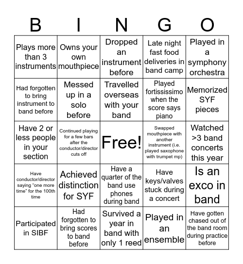 Band Bingo!! Bingo Card