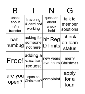 Support Center Christmas Bingo Card