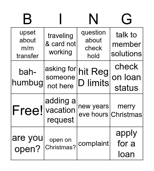 Support Center Christmas Bingo Card