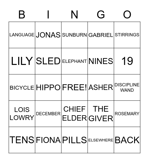 THE GIVER Bingo Card