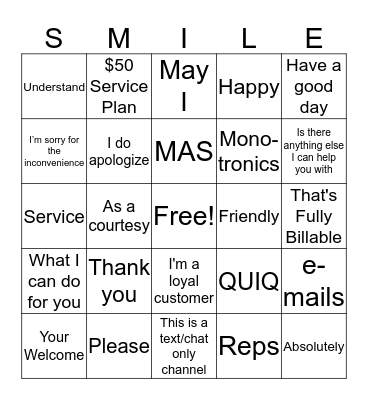 Customer Service Bingo Card