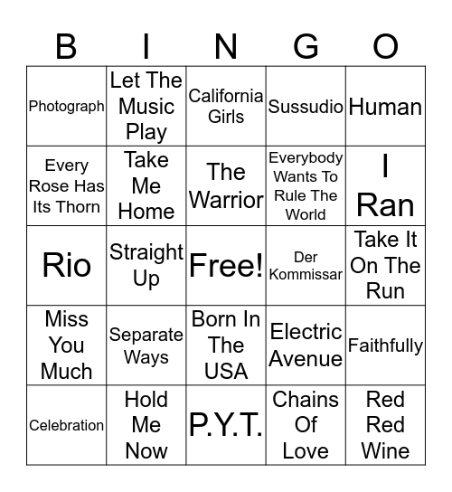 80s Music II Bingo Card