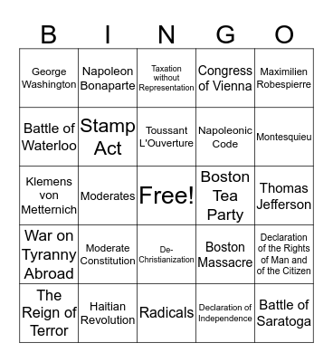 Revolutionary Bingo Card