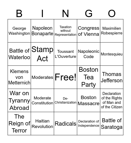 Revolutionary Bingo Card