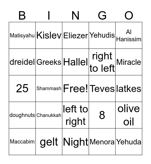 Channukah Bingo Card