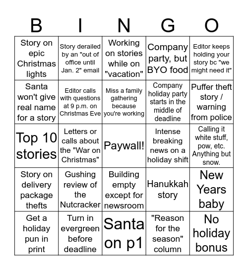 Deck the Newsroom Halls Bingo Card