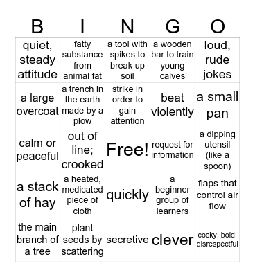 Farmer Boy Vocabulary  Bingo Card