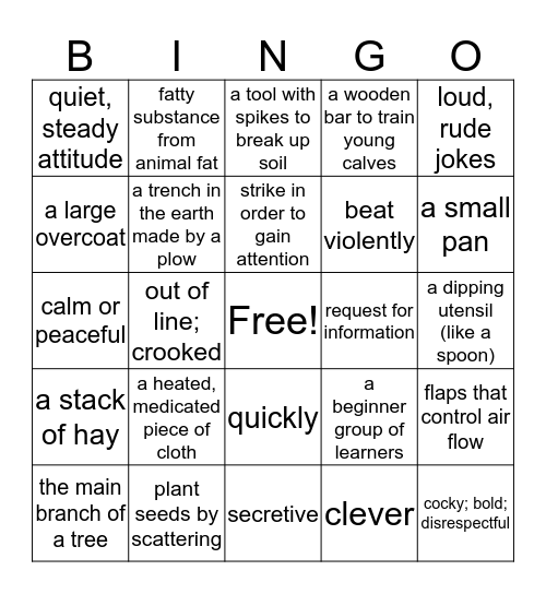 Farmer Boy Vocabulary  Bingo Card