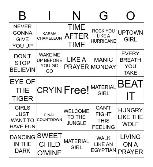 80's HITS!! Bingo Card