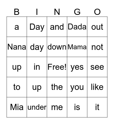 Sight Word Bingo Card