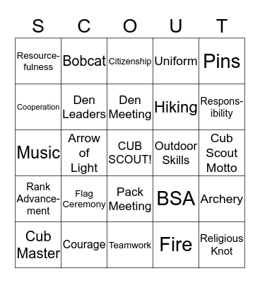 Cub  Scout Bingo Card