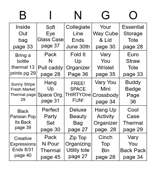 Thirty One  Bingo Card
