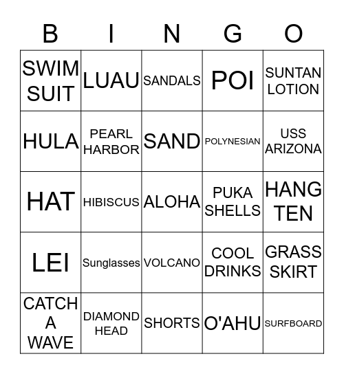 Hawaiin Fun in the Sun Bingo Card