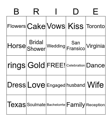 Amisha's Bridal Shower Bingo Card