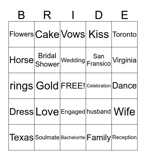 Amisha's Bridal Shower Bingo Card